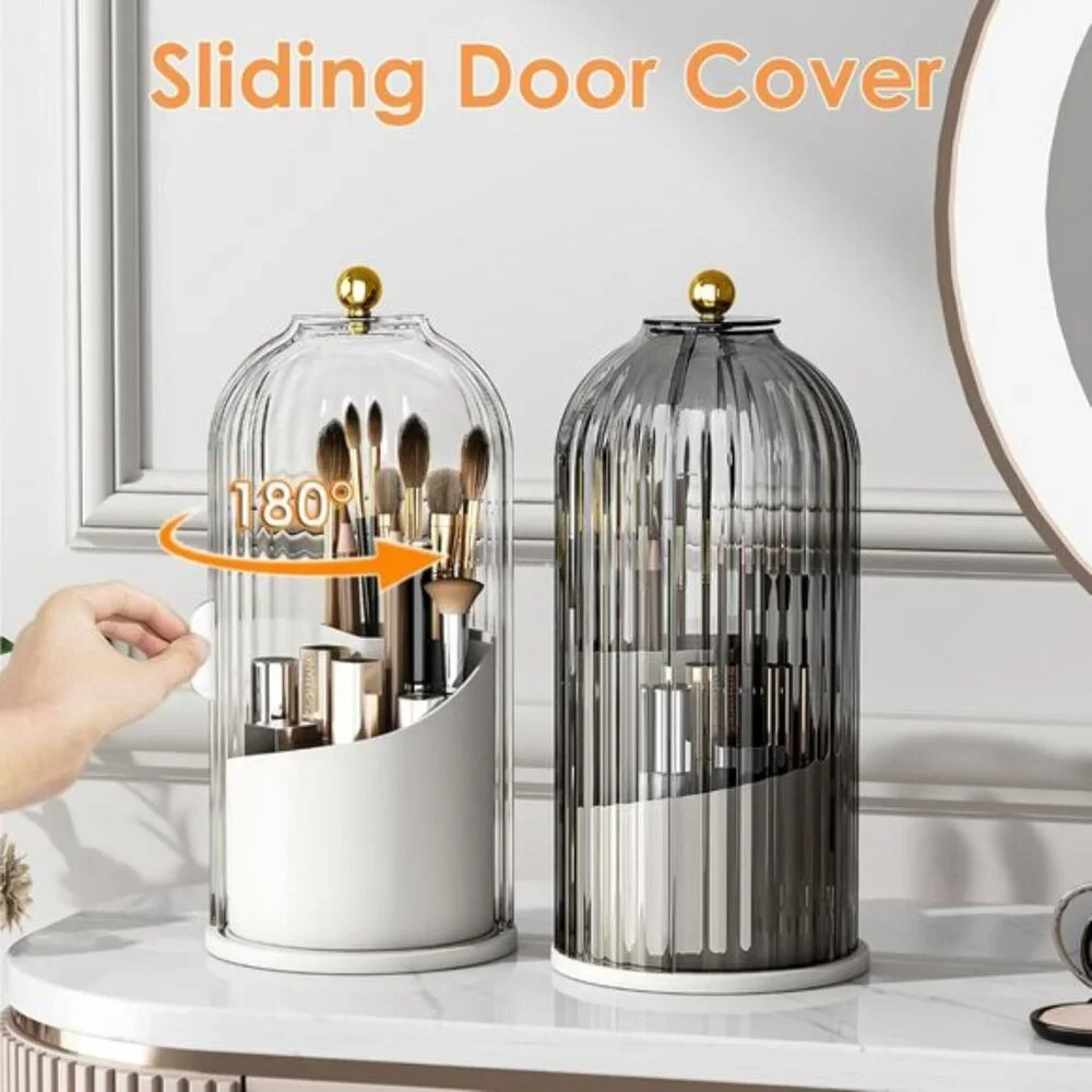 New 360° Rotating Clear Makeup Brush Holder with Lid for Vanity & Room